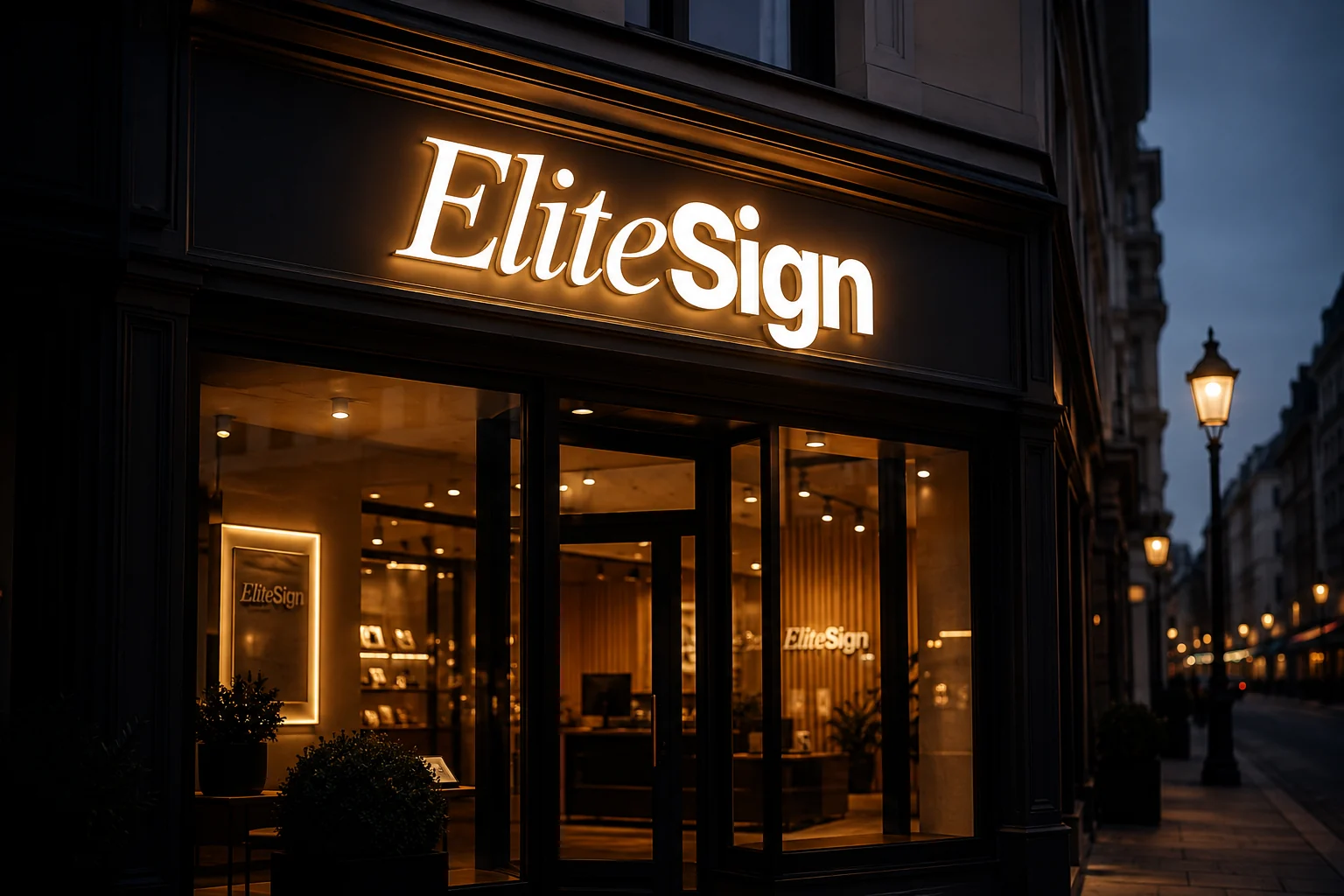 Premium illuminated Elite Sign façade sign on a dark storefront