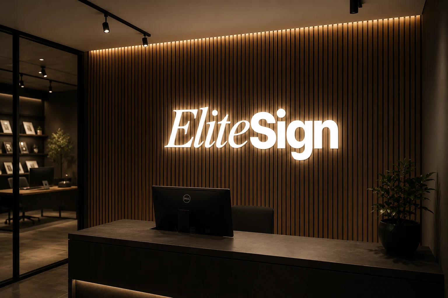 Elite Sign logo as individual illuminated letters on a wood wall