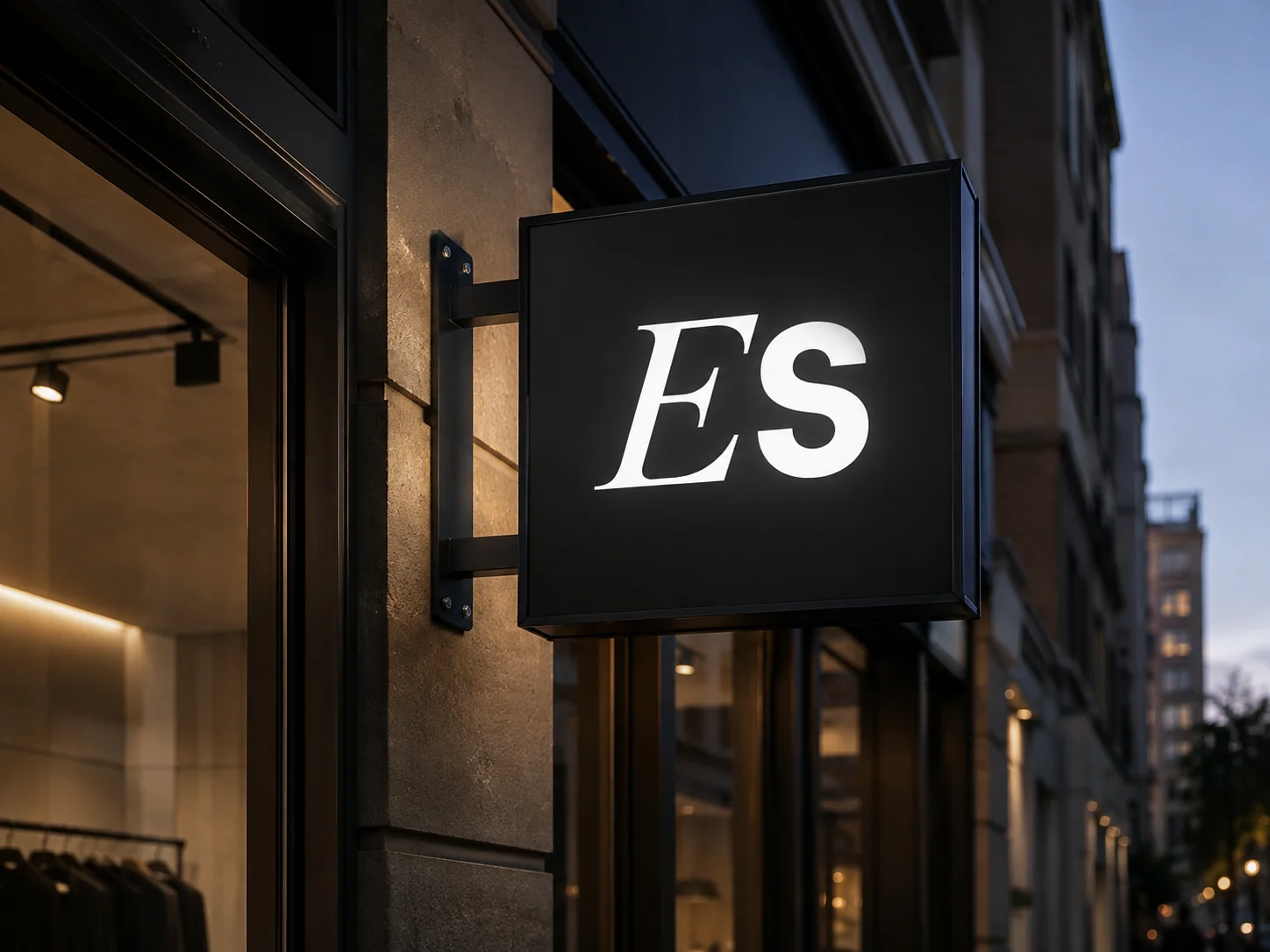 Black projecting sign with white ES logo mounted to a façade