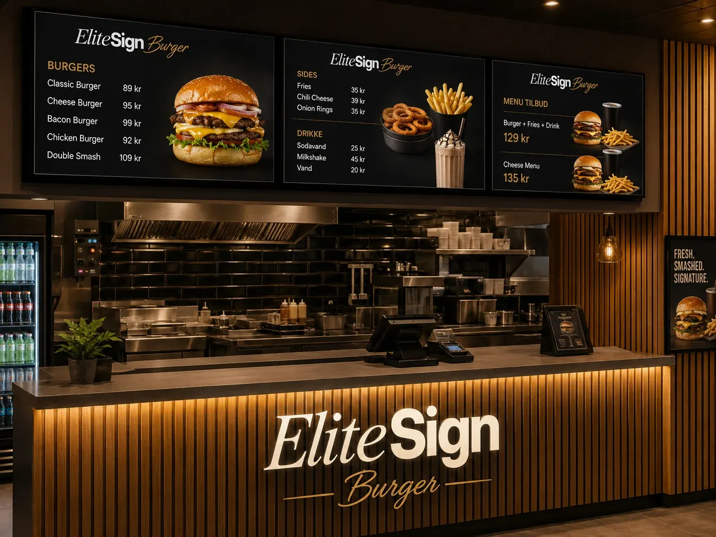Digitale menuskærme over disk i restaurant