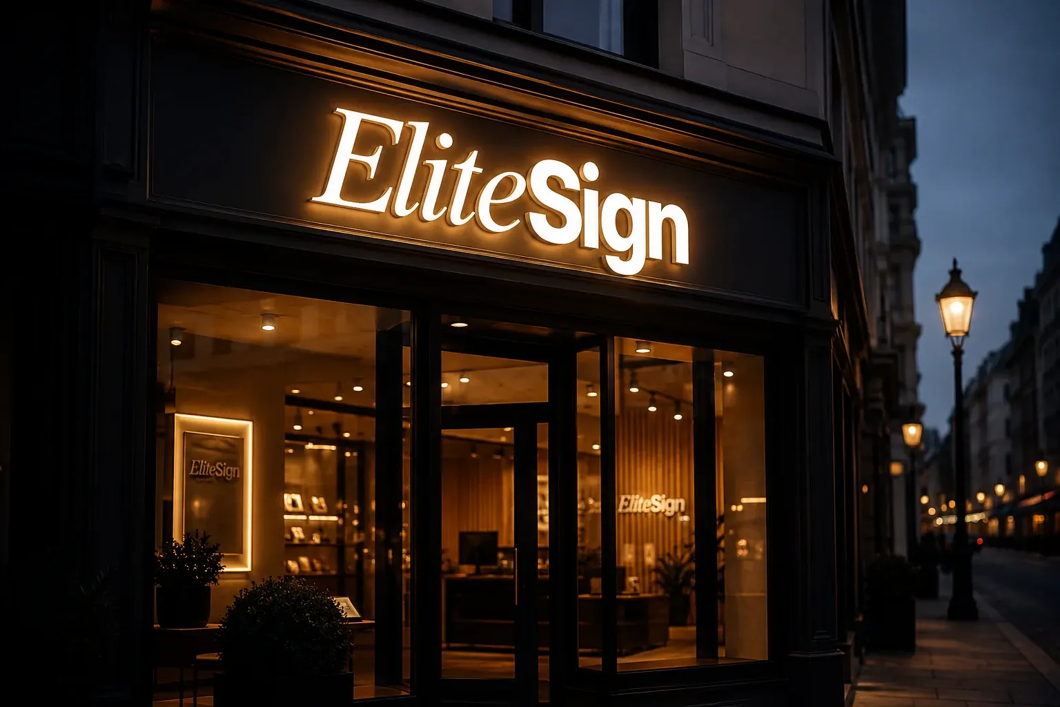 Elite Sign belyst facadeskilt om aftenen