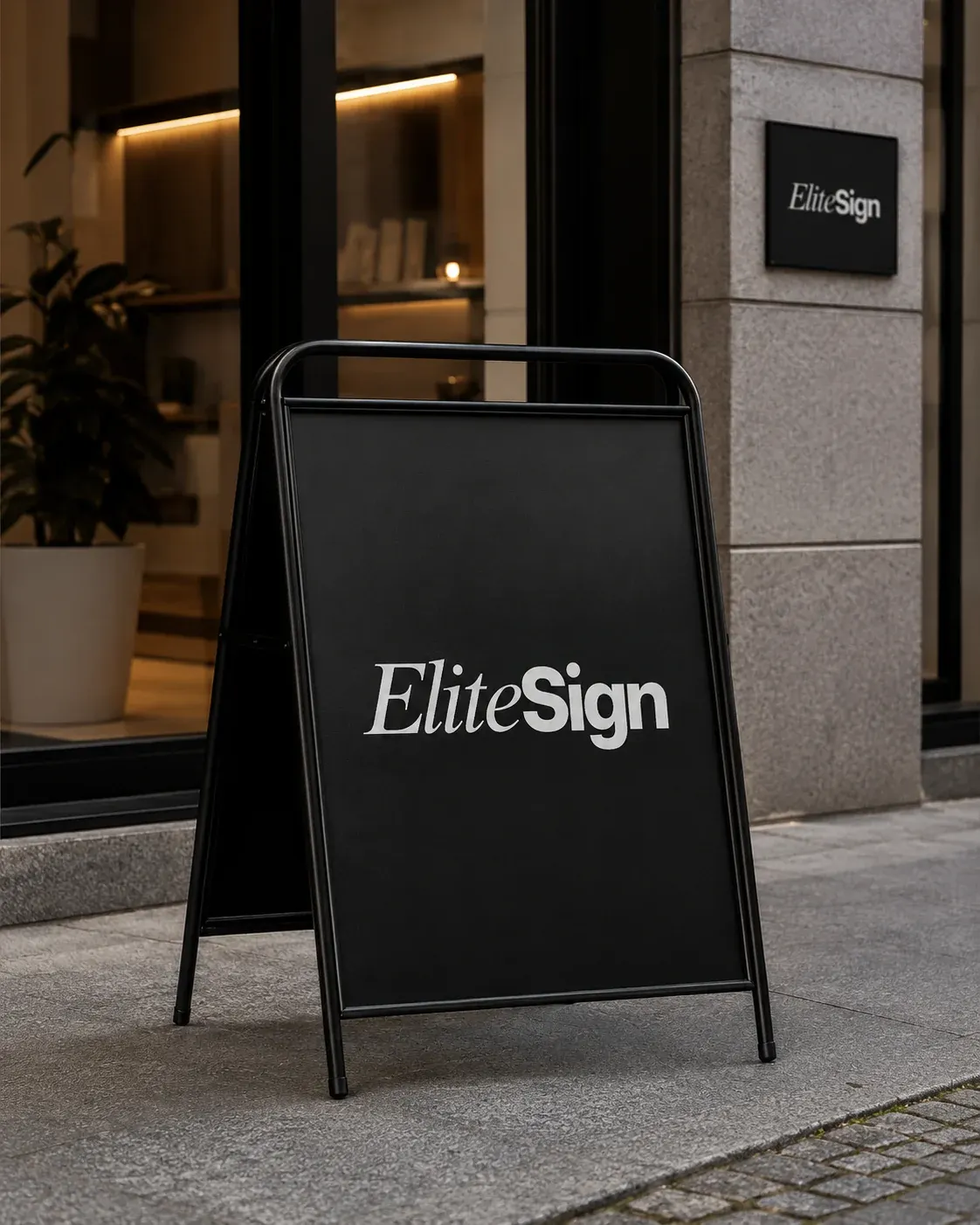 Sort Elite Sign gadeskilt foran butik