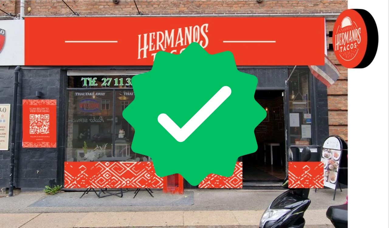 Godkendt Hermanos Tacos design med tydelig godkendelsesmarkering