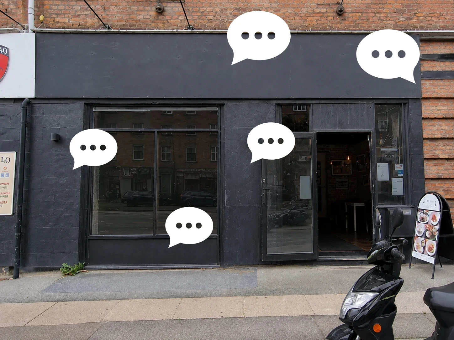 Hermanos Tacos facade med dialogmarkeringer som visualiserer kundens ønsker og projektbrief