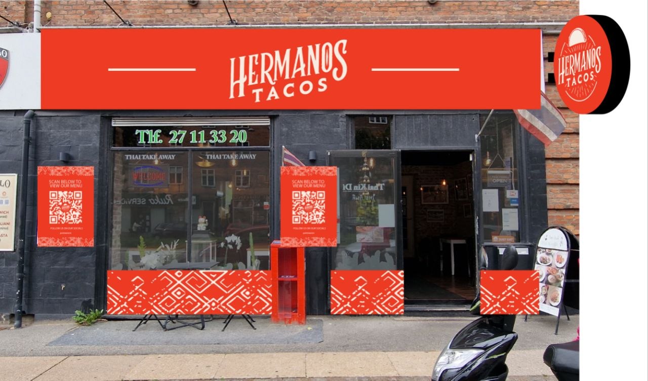 Designudkast til Hermanos Tacos facade og udhængsskilt